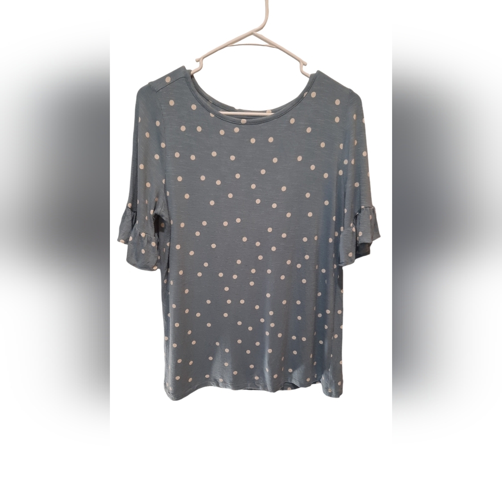Loft Blouse Womans Large Blue White Polka Dot Bell Sleeve Casual Travel